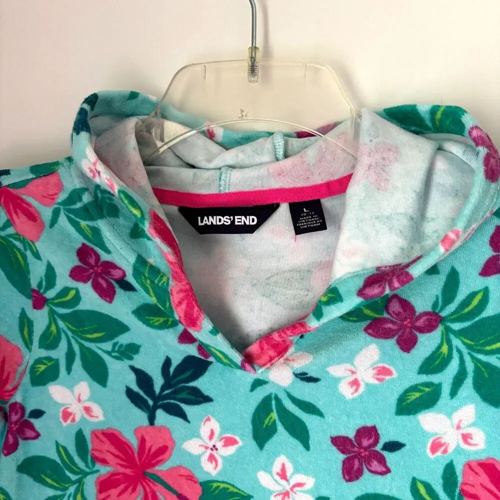 Lands' End Girls L 10-12 Terry Swim Cover Up Hoodie Tropical Floral Pocket #13